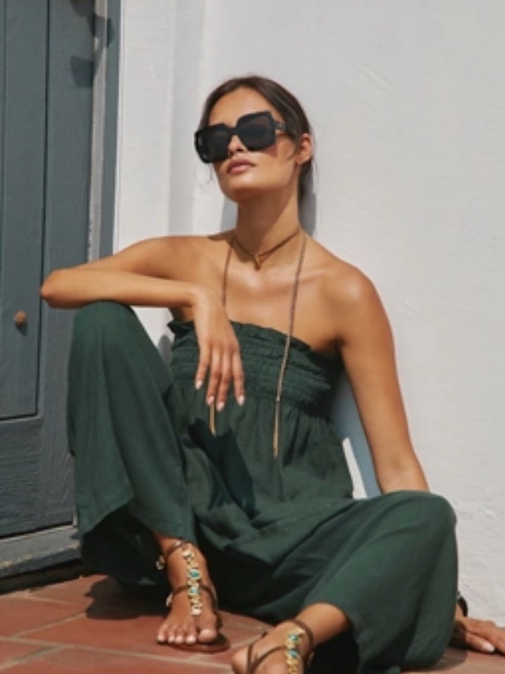 Strapless Wide-Leg Jumpsuit in Dark Green